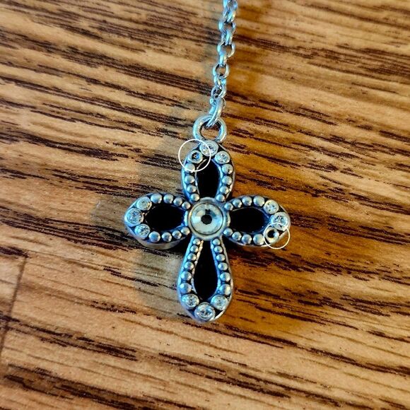 BRIGHTON "Faithful" Triple Cross Silver And Crystal Y Drop Vintage Necklace - Picture 10 of 14